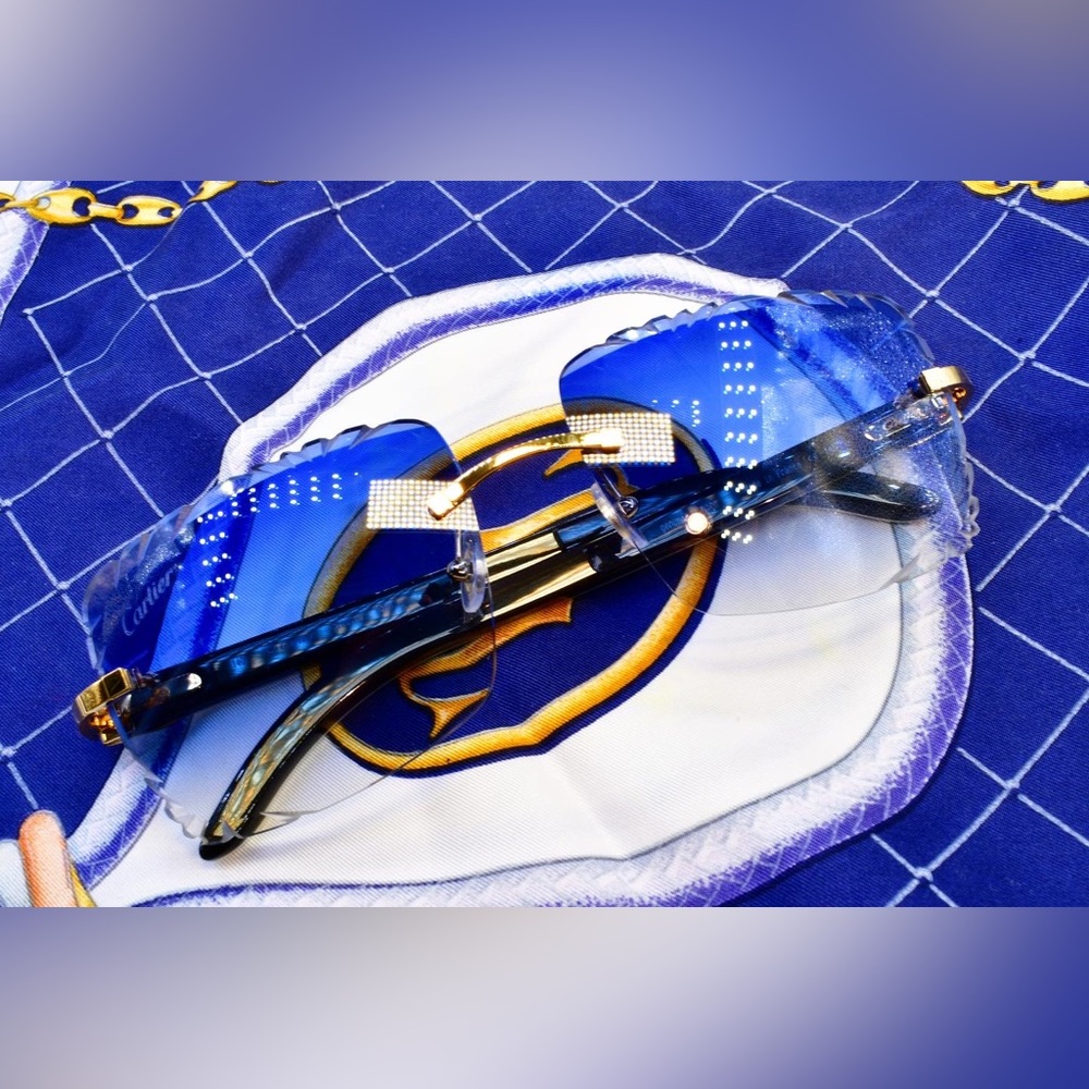 Cartier white Buffalo horn sunglasses good c decor diamond cut royal blue lenses